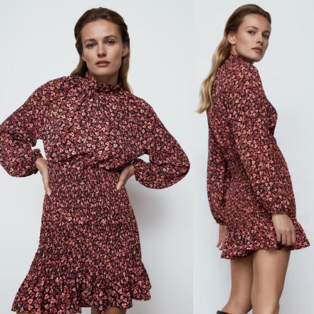Zara multicolor long sleeve smocked floral dress